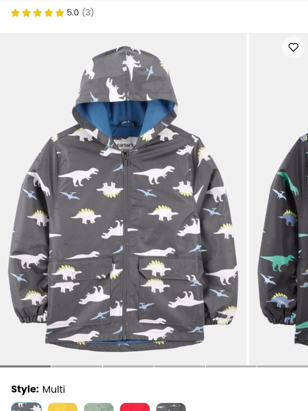 Carter's Gray Hooded Jacket with Dino Print and Blue Lining